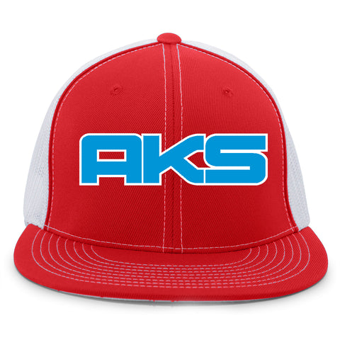 AkS Big Chi Flatbill Trucker Hat in Red & White with Royal