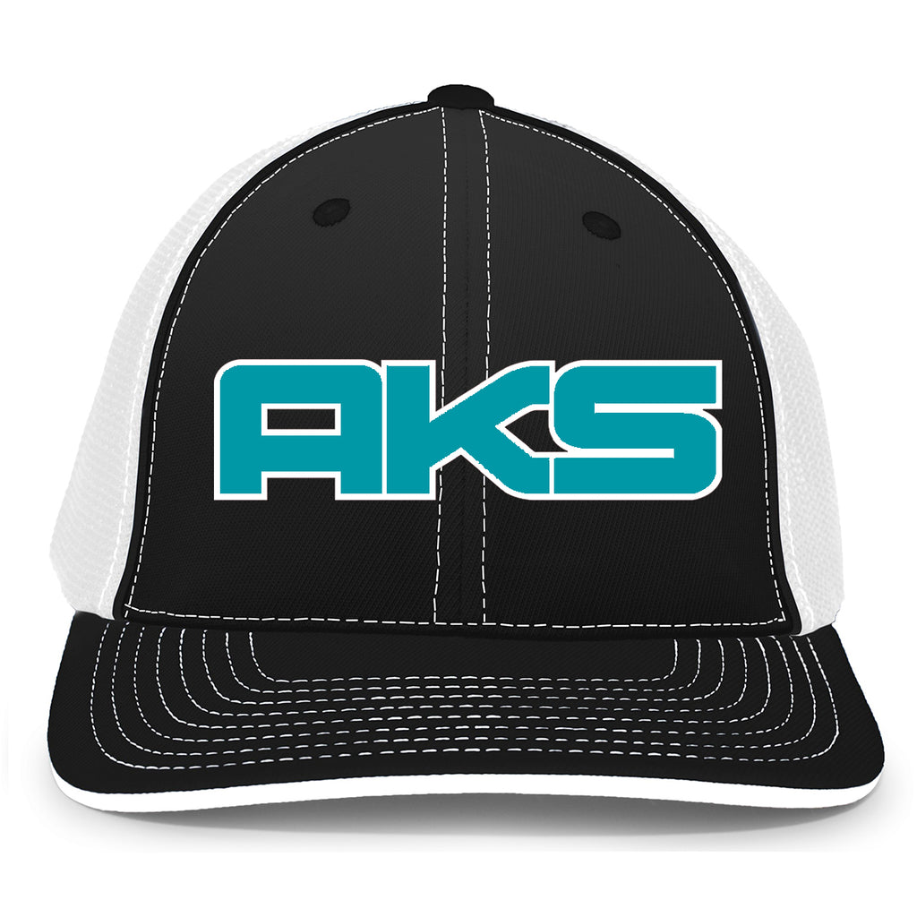 AkS Big Chi Trucker Hat in Black & White with Teal & White