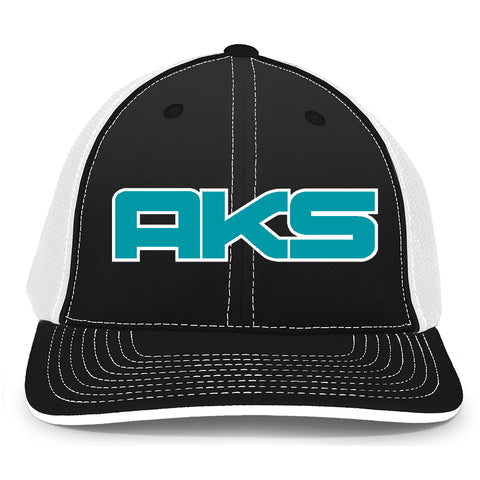 AkS Big Chi Trucker Hat in Black & White with Teal & White