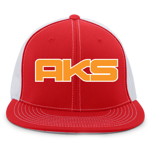 AkS Big Chi Flatbill Trucker Hat in Red & White with Orange