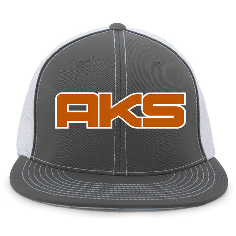 AkS Big Chi Flatbill Trucker Hat in Graphite & White with Texas Orange