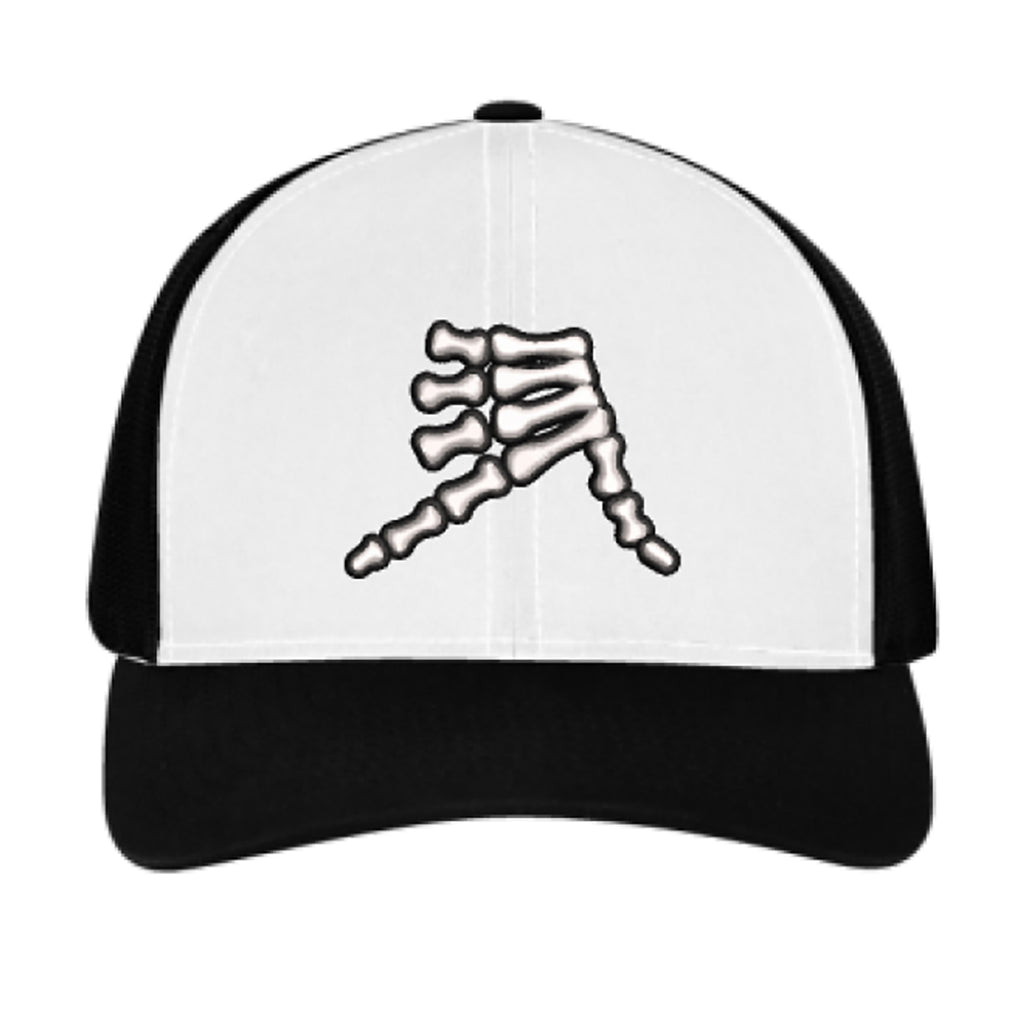 AkS Bones Snap-Back Trucker Hat in White & Black